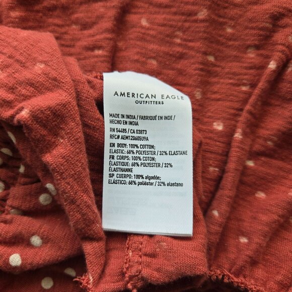 American Eagle Rust Polka Dot Ruffle 3/4 Sleeve Smocked Peplum Top Size M, Red - Picture 8 of 11